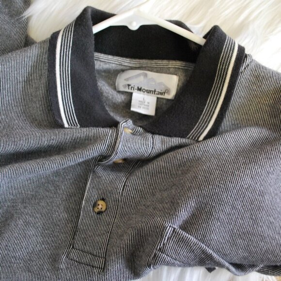 Tri Mountain Men's Black/Gray Pin Striped Polo L - Picture 5 of 5